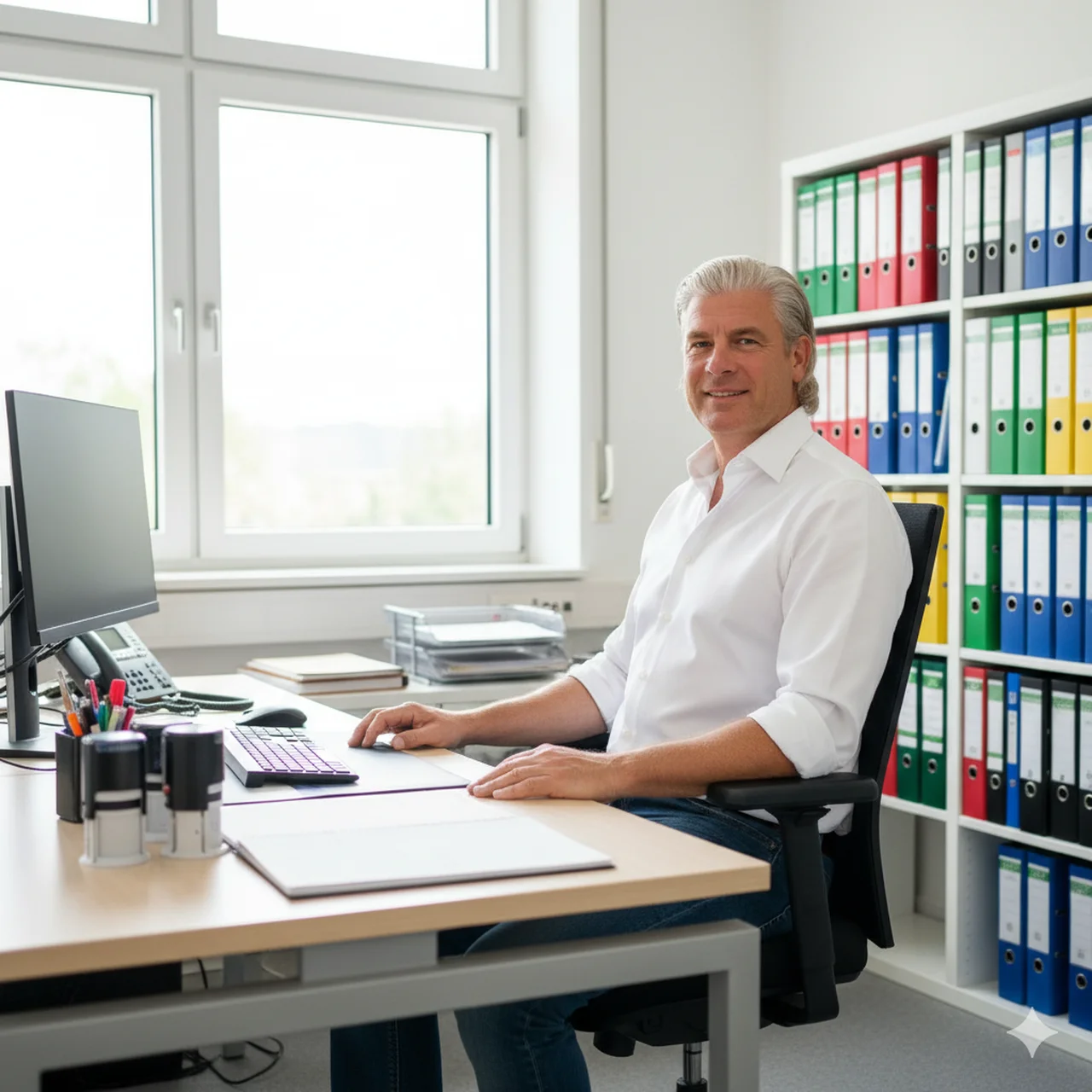 Büroaufnahme: Timo von der Dachdeckerei L&L bei Organisation und Planung