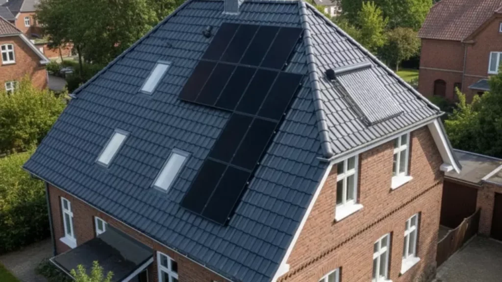 Komplett sanierter Dachstuhl mit neuen Dachziegeln und Solaranlage nach Dachsanierung in Hamburg