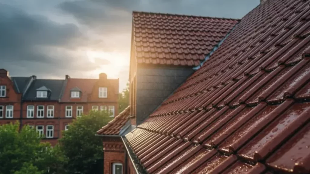 Dachziegel eines Altbaus in Hamburg während einer Dachbeschichtung und Sanierungsmaßnahme