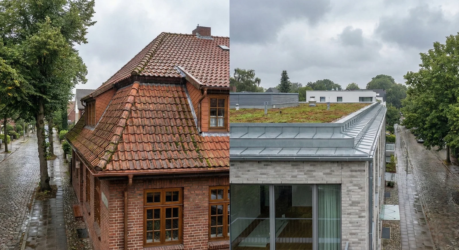 Gegenüberstellung typischer Hamburger Dächer: Altbau mit Kaffeemühlen-Dach und modernes Flachdach bei norddeutschem Wetter