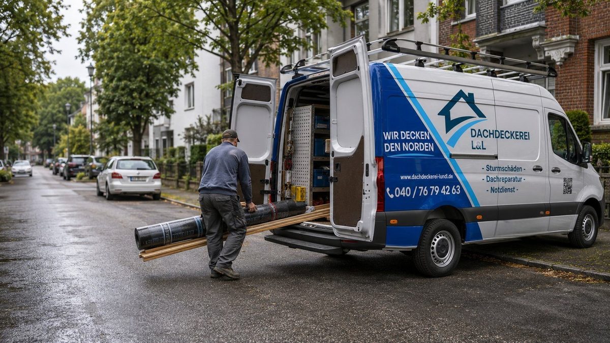 Dachdecker der Dachdeckerei L&L lädt Dachmaterial aus dem Servicefahrzeug in Hamburg-Rahlstedt.