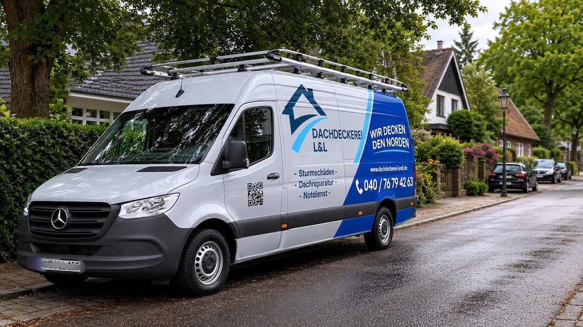Servicefahrzeug der Dachdeckerei L&L geparkt vor einem Wohnhaus mit Hecke in Hamburg-Sasel
