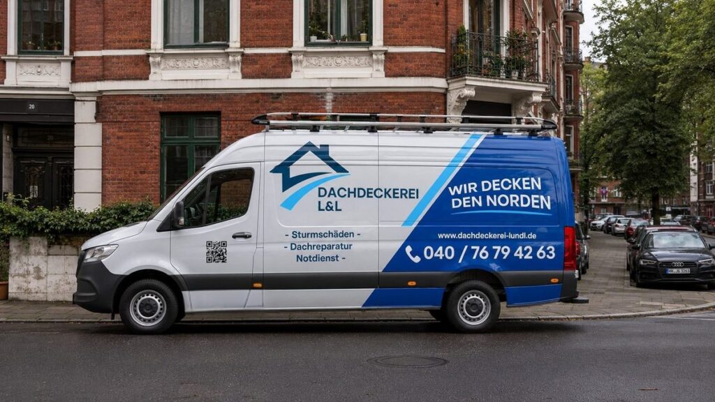 Servicefahrzeug der Dachdeckerei L&L vor einem Gründerzeit-Rotklinkerhaus in Hamburg-Wandsbek.